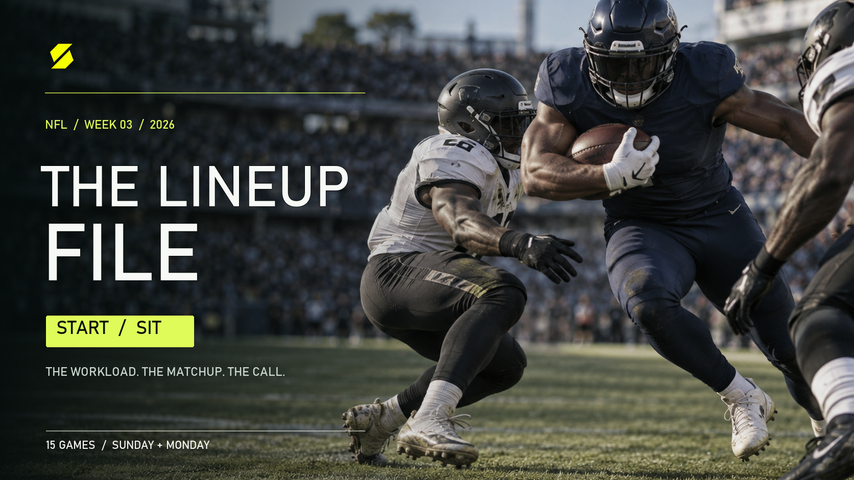 Football ball carrier breaking through defenders. Statyx Week 3 Lineup File.